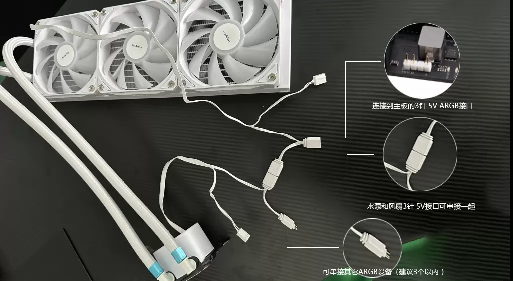 雅浚EA5 360水冷的风扇ARGB接口如何串联?雅浚EA5 360水冷风扇3针 5V ARGB接口串联方法