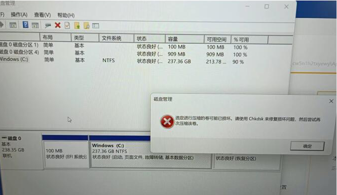硬盘分区时提示“选定进行压缩的卷可能已损坏，请使用Chkdsk修复损坏问题”的解决办法-无名大叔
